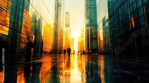 Golden Reflections of a Cityscape Through Glass Facades