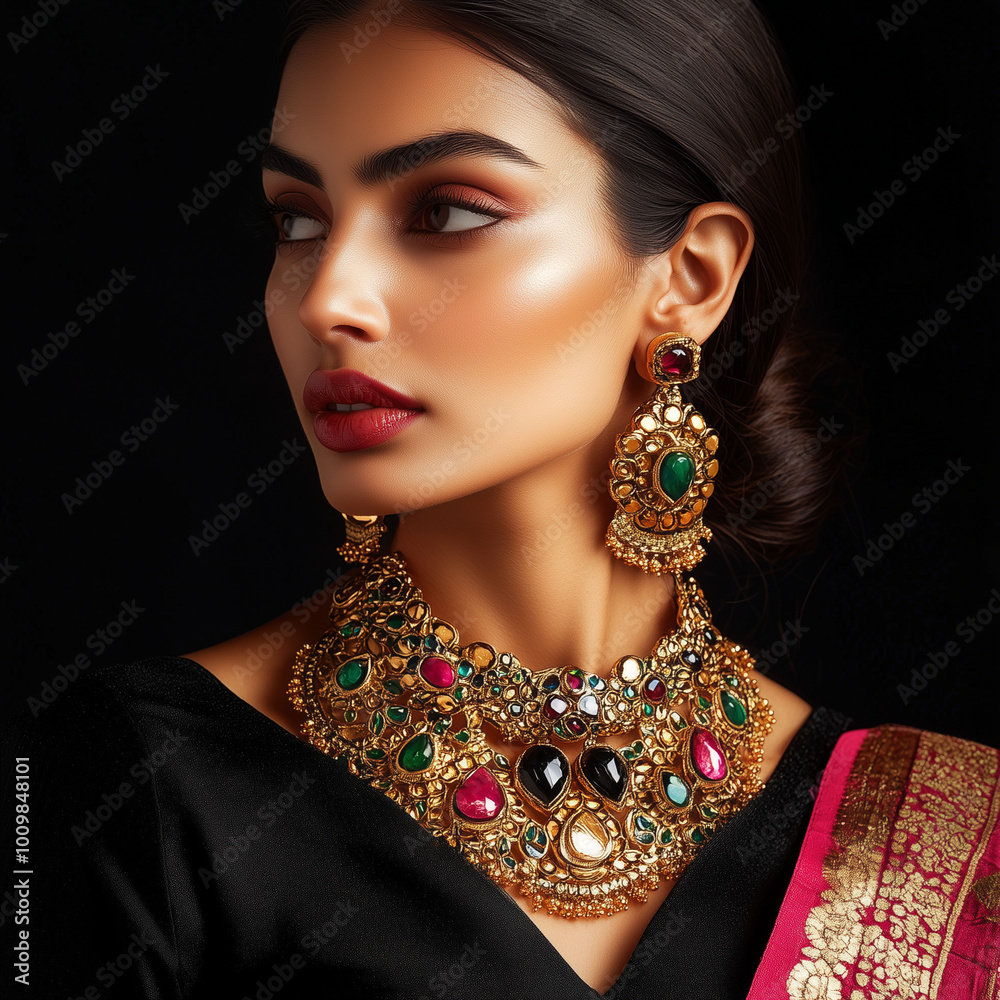 A woman wearing an elaborate Kundan necklace with matching earrings, showcasing vibrant gems and gold designs, in a studio setting