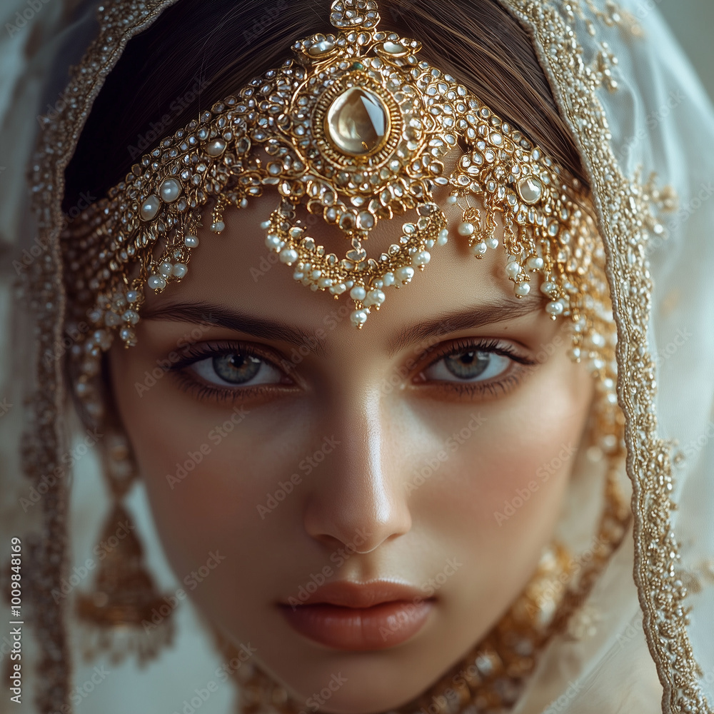 A woman wearing a traditional Indian Maang Tikka, with focus on the elaborate detailing of the headpiece, against a soft backdrop