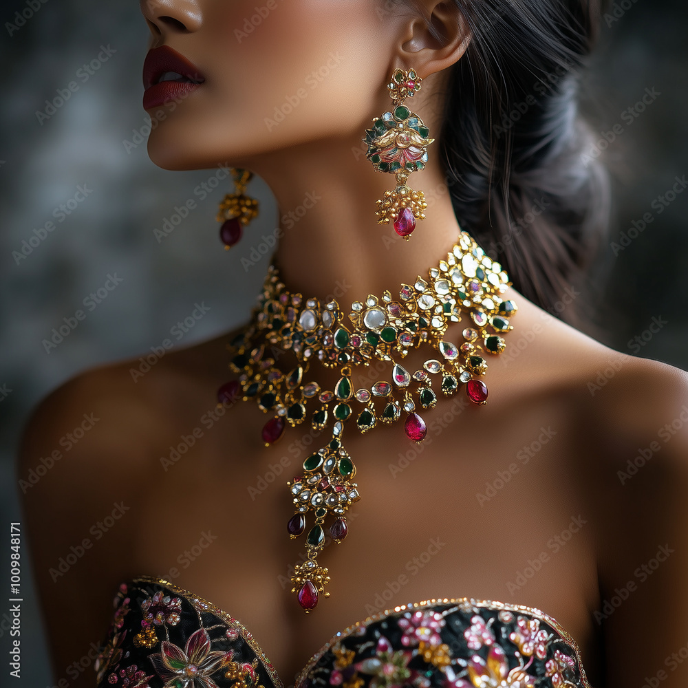 A woman wearing an elaborate Kundan necklace with matching earrings, showcasing vibrant gems and gold designs, in a studio setting