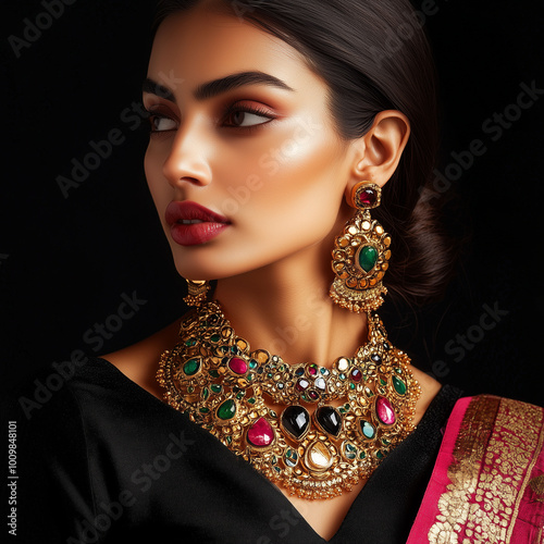 Obraz na płótnie A woman wearing an elaborate Kundan necklace with matching earrings, showcasing vibrant gems and gold designs, in a studio setting w salonie