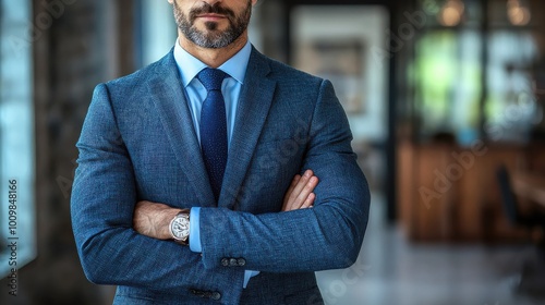 Professional man in formal attire poses confidently in modern office setting during daytime