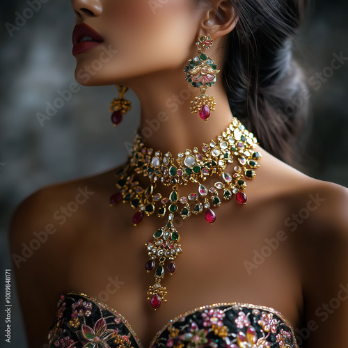 Obraz na płótnie A woman wearing an elaborate Kundan necklace with matching earrings, showcasing vibrant gems and gold designs, in a studio setting w salonie