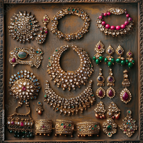Obraz na płótnie An assortment of Indian bridal jewelry pieces--nose ring, earrings, bangles--arranged aesthetically for a catalog shoot w salonie