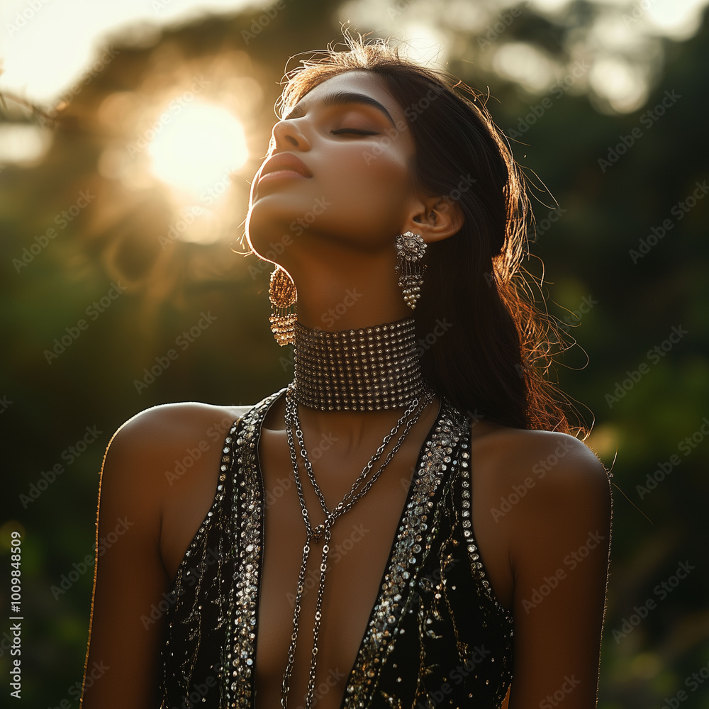 Full-body portrait of an Indian model showcasing luxurious crisscross chains elegantly covering her neck, styled with a modern twist, outdoor setting, golden hour light