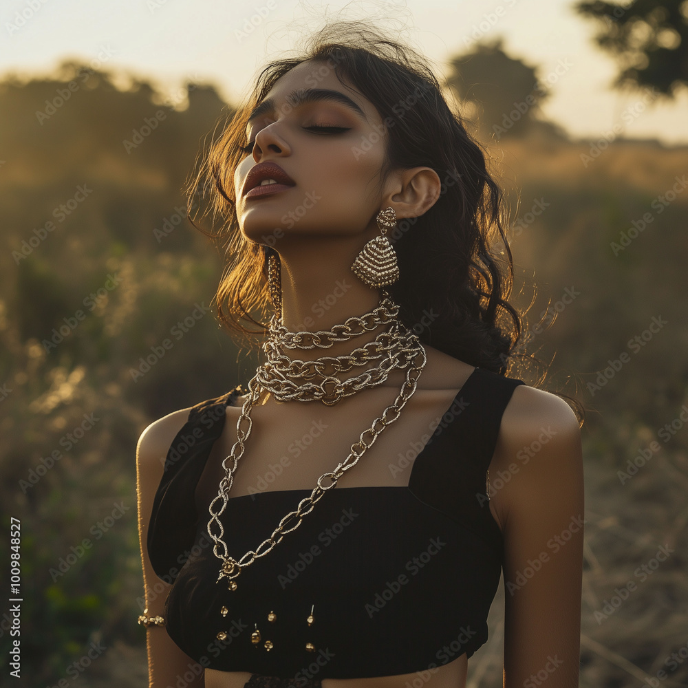 Full-body portrait of an Indian model showcasing luxurious crisscross chains elegantly covering her neck, styled with a modern twist, outdoor setting, golden hour light