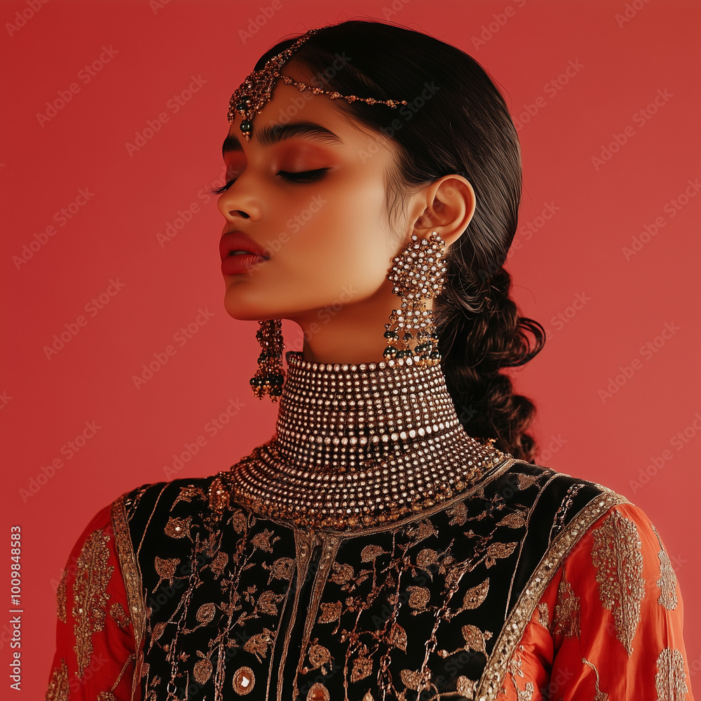 Indian model dressed in a fusion of modern and traditional attire, her neck adorned with elegant crisscross chains, full-body view in a fashion studio setting