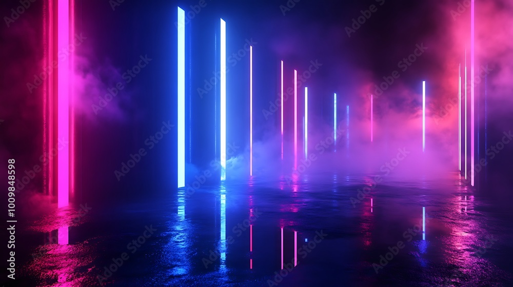 Empty Street with Neon Lights and Reflections on Dark Background photo Empty Street with Neon Lights and Reflections on Dark Background photo