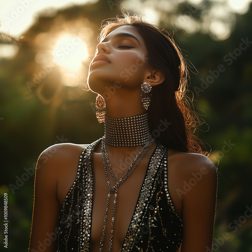 Obraz na płótnie Full-body portrait of an Indian model showcasing luxurious crisscross chains elegantly covering her neck, styled with a modern twist, outdoor setting, golden hour light w salonie