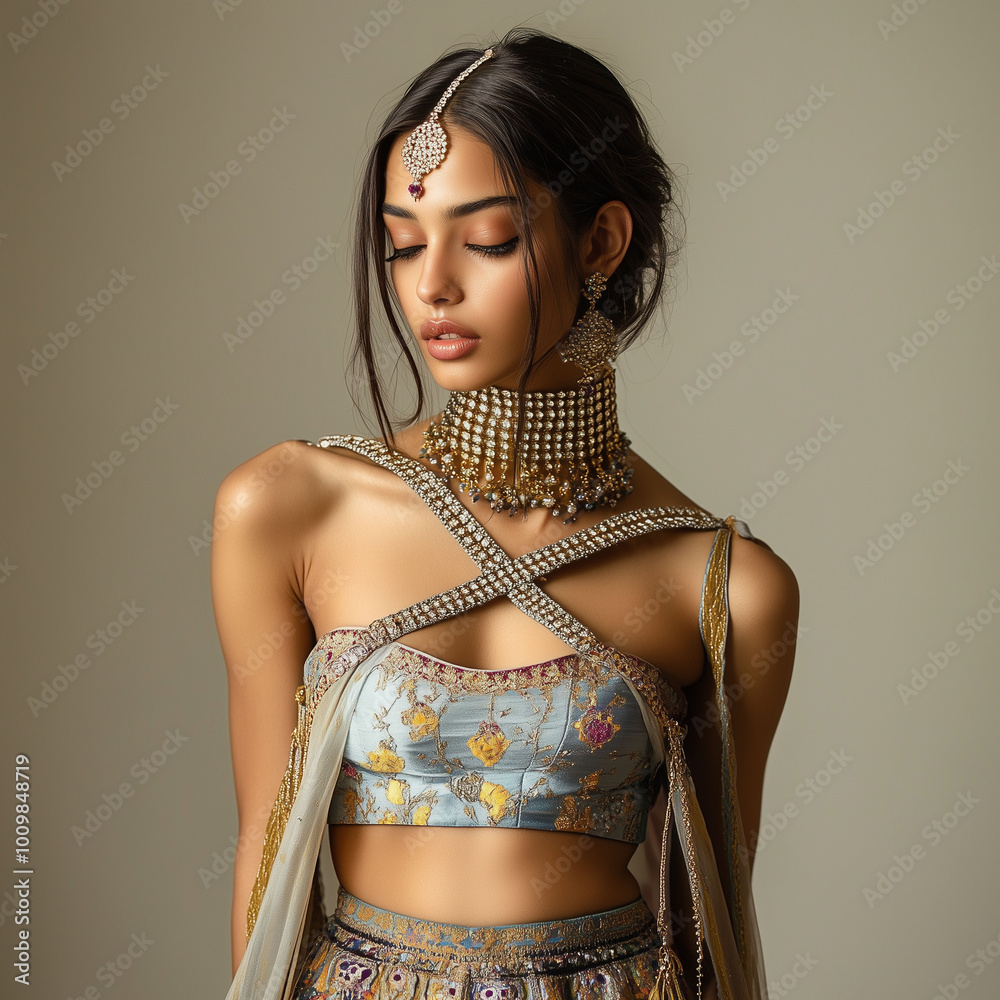 Indian model dressed in a fusion of modern and traditional attire, her neck adorned with elegant crisscross chains, full-body view in a fashion studio setting