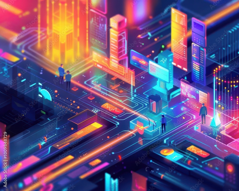 Obraz premium Digital content development with vibrant graphics, innovative and dynamic, Digital, Bright hues, Illustration, Business innovation