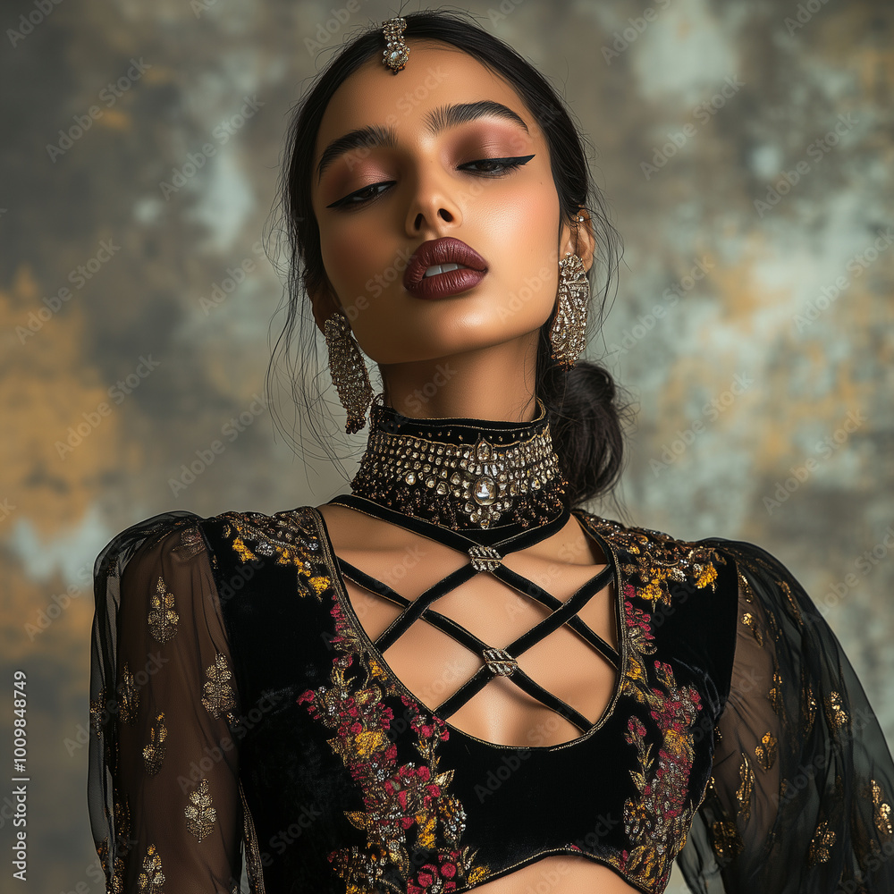 Indian model dressed in a fusion of modern and traditional attire, her neck adorned with elegant crisscross chains, full-body view in a fashion studio setting