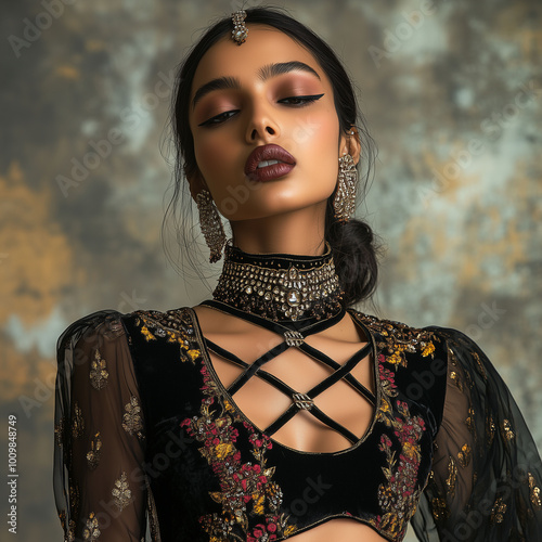 Indian model dressed in a fusion of modern and traditional attire, her neck adorned with elegant crisscross chains, full-body view in a fashion studio setting