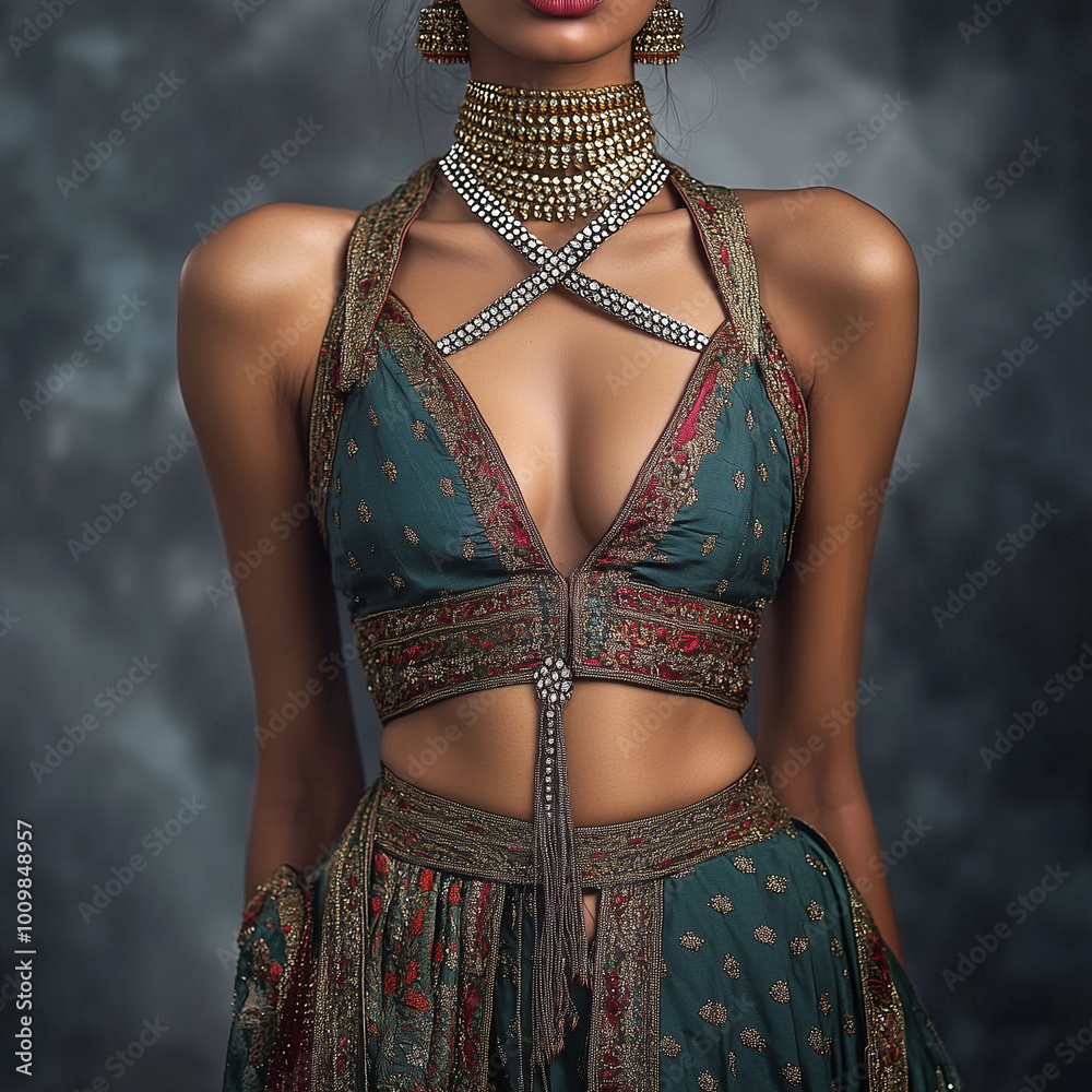 Indian model dressed in a fusion of modern and traditional attire, her neck adorned with elegant crisscross chains, full-body view in a fashion studio setting