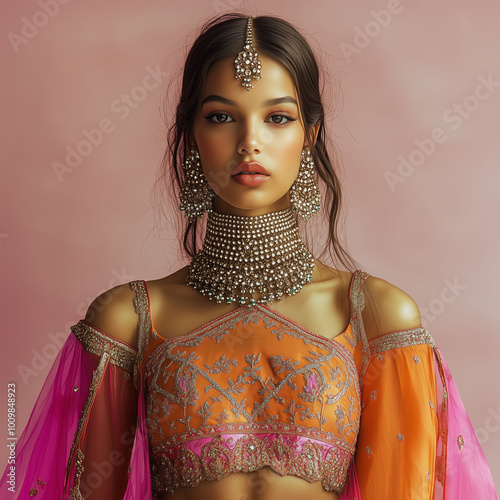 Obraz na płótnie Indian model dressed in a fusion of modern and traditional attire, her neck adorned with elegant crisscross chains, full-body view in a fashion studio setting w salonie