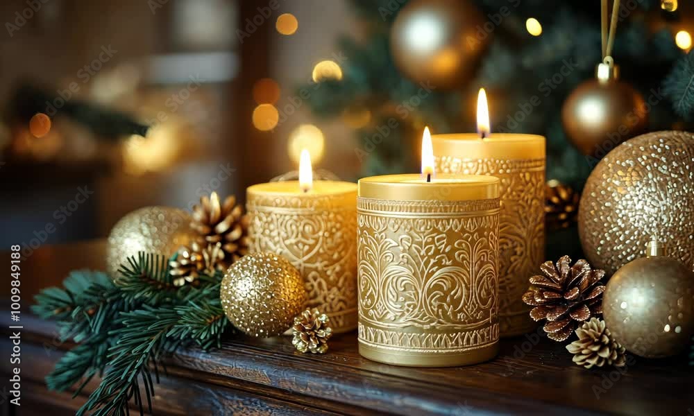 Golden Christmas candles with intricate designs, burning softly on a mantelpiece surrounded by gold-themed decorations. . Video Golden Christmas candles with intricate designs, burning softly on a mantelpiece surrounded by gold-themed decorations. . Video