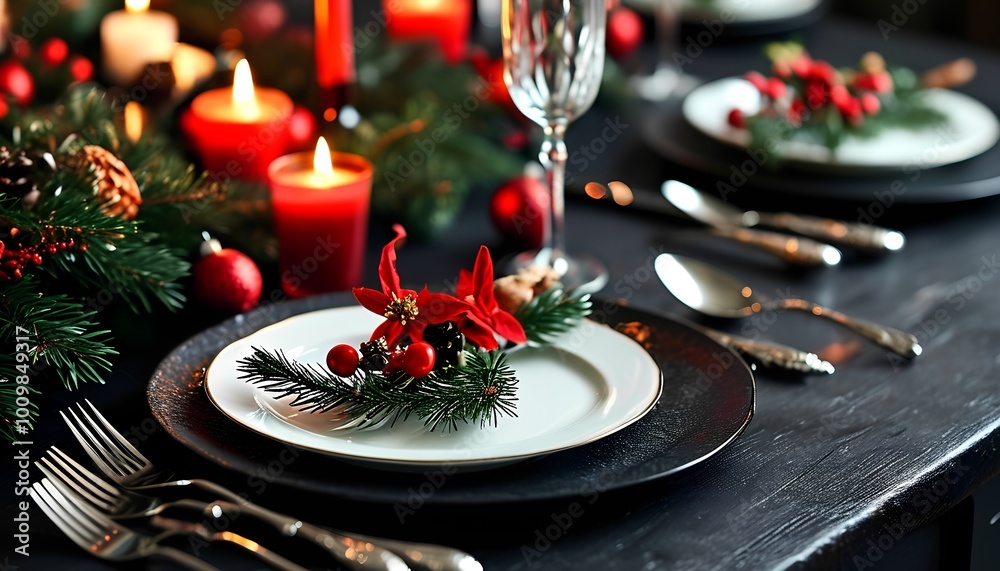 A beautifully set festive table adorned with candles, holiday decorations, and elegant dinnerware, perfect for a Christmas celebration. A beautifully set festive table adorned with candles, holiday decorations, and elegant dinnerware, perfect for a Christmas celebration.