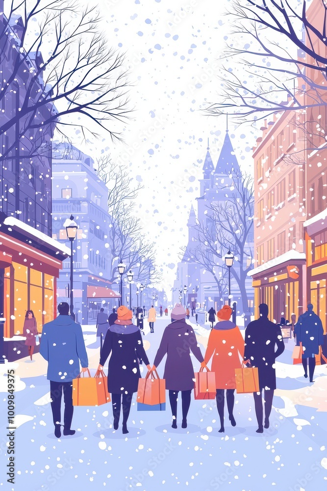 Obraz premium A festive cityscape with people carrying shopping bags on a snowy street adorned with snowflakes, showcasing the joy of holiday shopping amidst urban architecture.