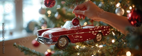 Hand hanging a vintage car ornament on a Christmas tree with glowing lights in the background photo