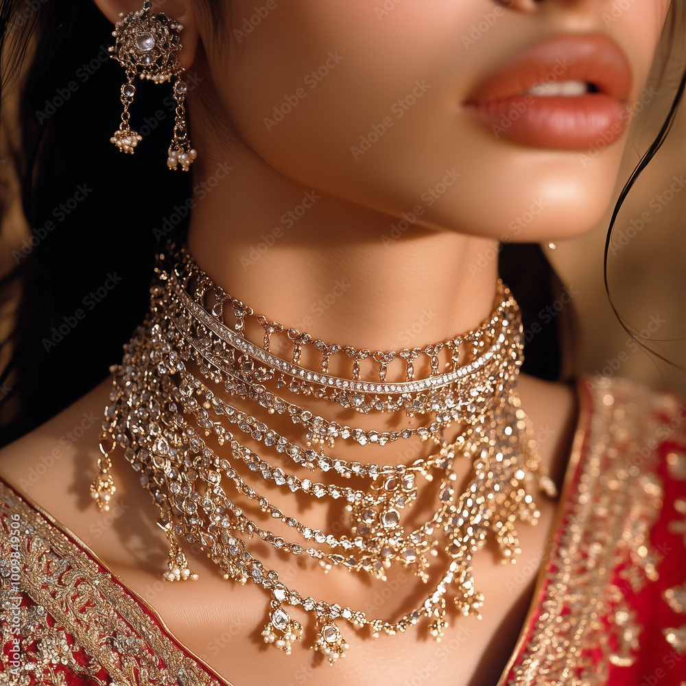 Indian model in traditional attire with multiple crisscross chains elegantly layered across her neck, detailed close-up of the neck and face, soft lighting