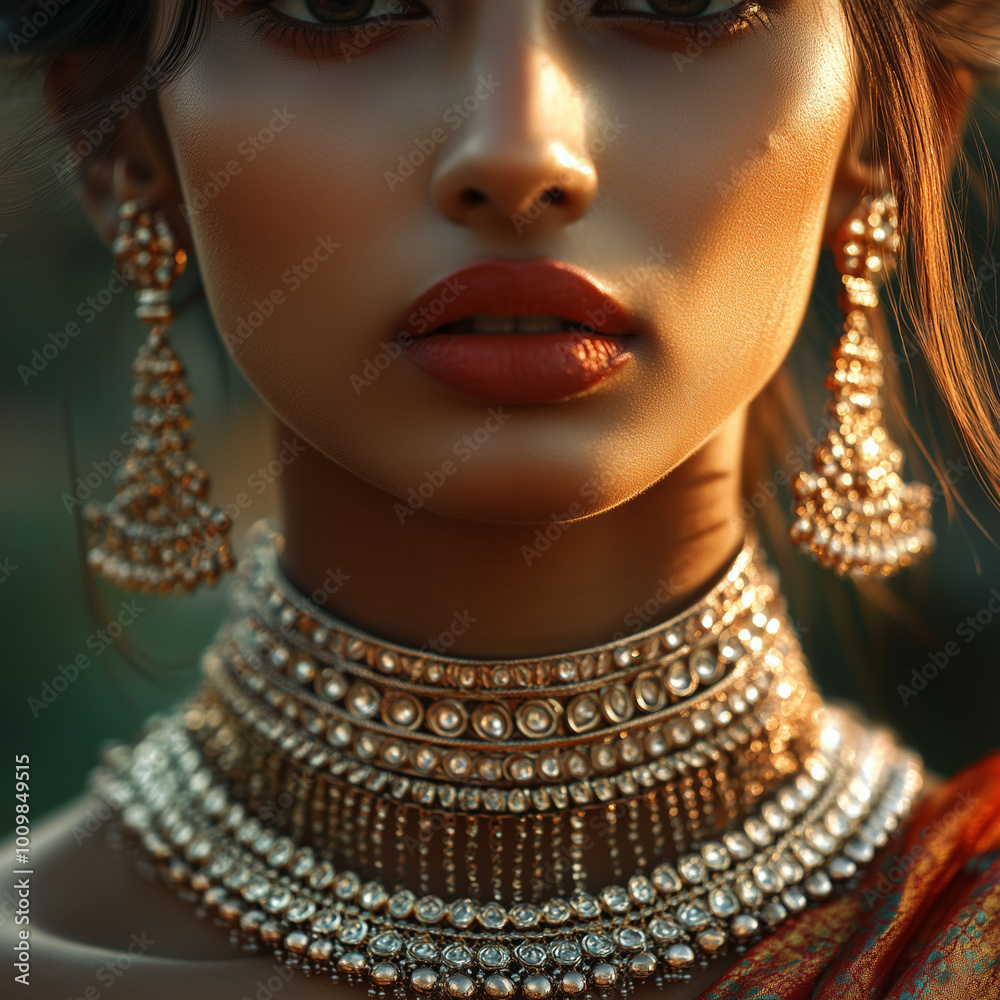 Indian model in traditional attire with multiple crisscross chains elegantly layered across her neck, detailed close-up of the neck and face, soft lighting