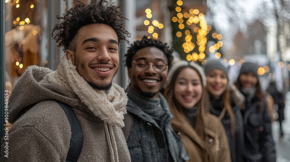 A joyful group of young friends enjoying a holiday shopping spree on a festive city street with glowing lights and cheerful smiles A joyful group of young friends enjoying a holiday shopping spree on a festive city street with glowing lights and cheerful smiles