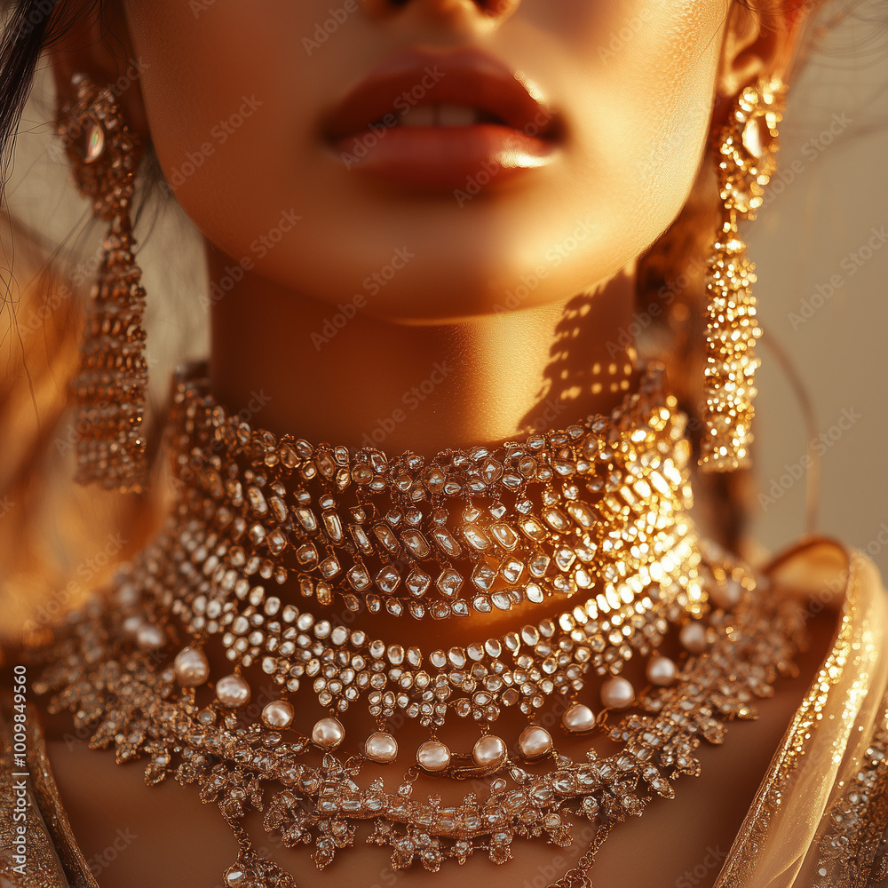 Indian model in traditional attire with multiple crisscross chains elegantly layered across her neck, detailed close-up of the neck and face, soft lighting