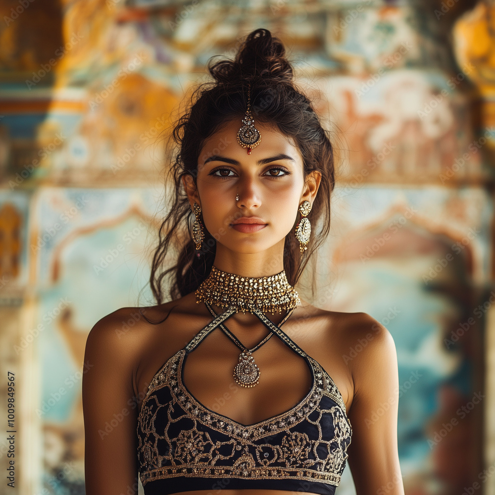 Indian model wearing intricate crisscross chains on her neck, standing against a vibrant cultural backdrop