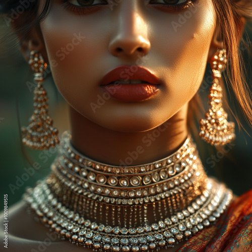 Obraz na płótnie Indian model in traditional attire with multiple crisscross chains elegantly layered across her neck, detailed close-up of the neck and face, soft lighting w salonie