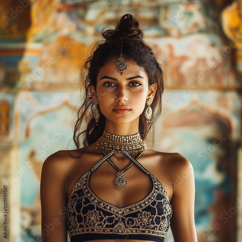 Obraz na płótnie Indian model wearing intricate crisscross chains on her neck, standing against a vibrant cultural backdrop w salonie