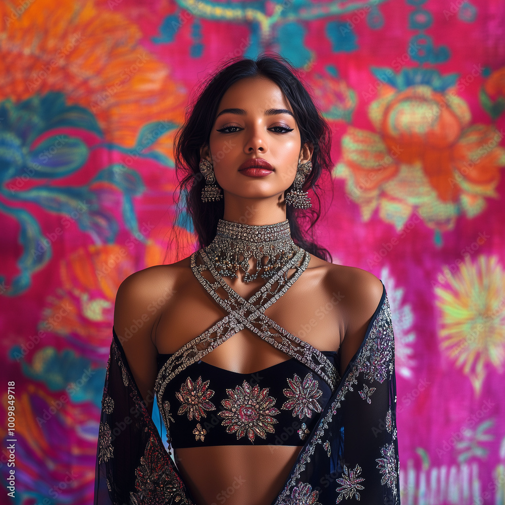 Indian model wearing intricate crisscross chains on her neck, standing against a vibrant cultural backdrop
