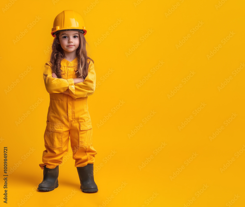 Small girl in construction builder costume, helmet on head. Kids future profession concept, studio photo copy space at side. Generative AI Small girl in construction builder costume, helmet on head. Kids future profession concept, studio photo copy space at side. Generative AI