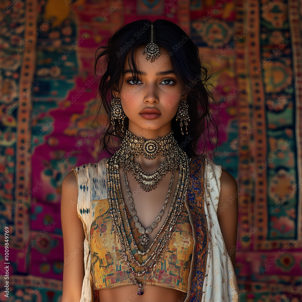 Indian model wearing intricate crisscross chains on her neck, standing against a vibrant cultural backdrop