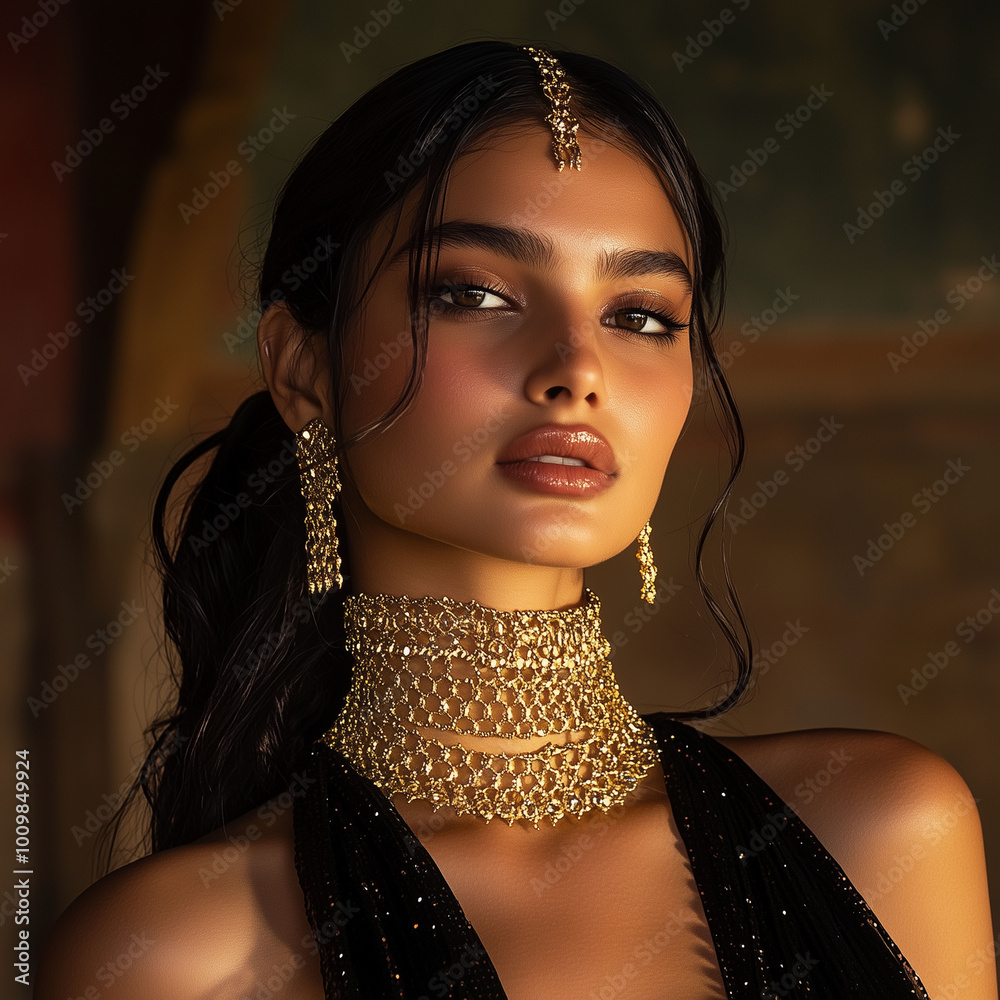 Stunning Indian model posing with her neck covered in shimmering crisscross chains, blending traditional and contemporary jewelry designs
