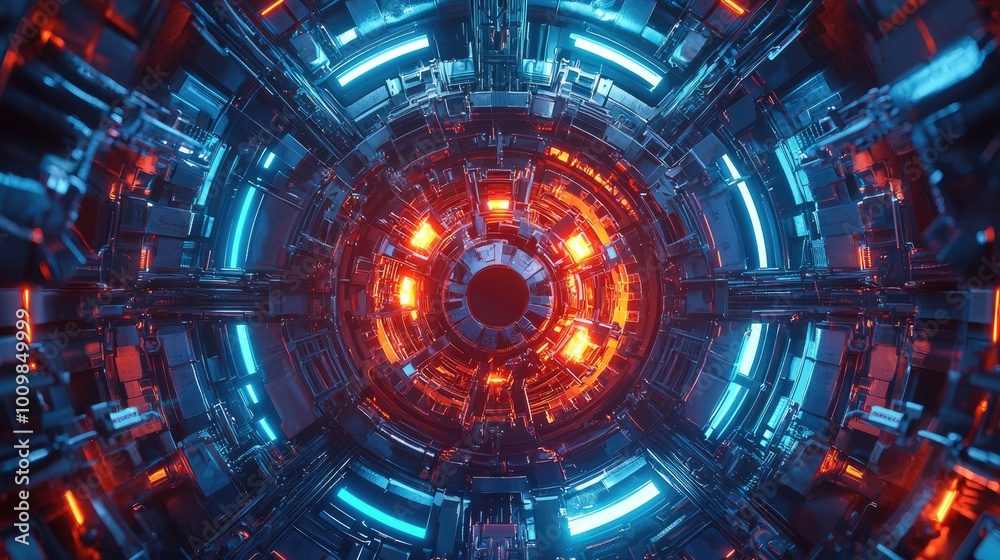 Fototapeta premium Abstract Futuristic Machine with Glowing Red and Blue Lights