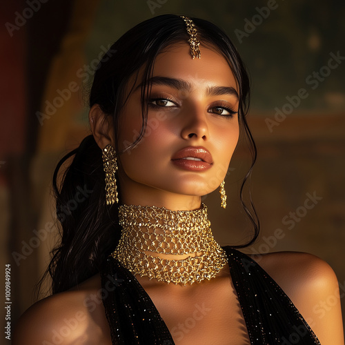 Stunning Indian model posing with her neck covered in shimmering crisscross chains, blending traditional and contemporary jewelry designs