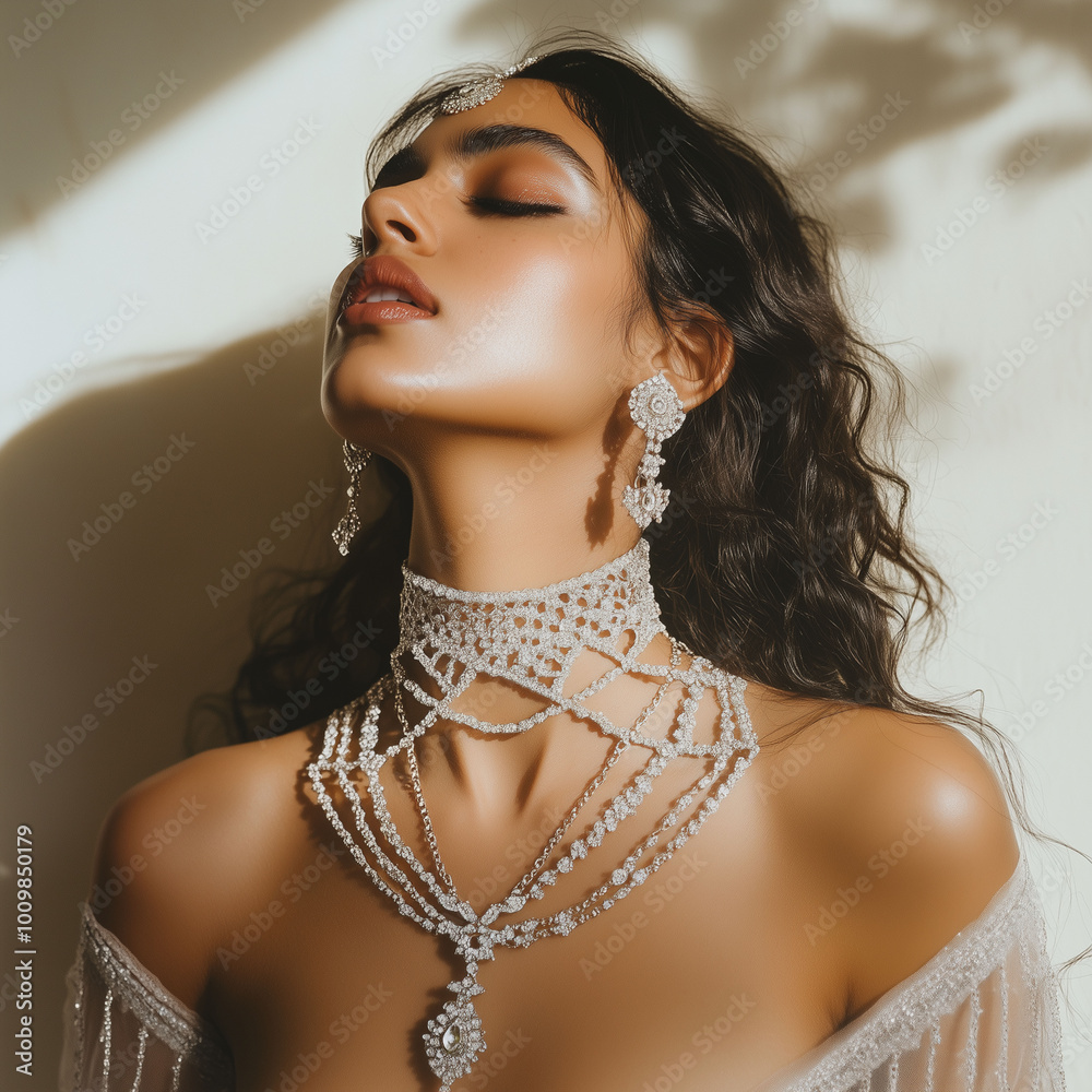 Stunning Indian model posing with her neck covered in shimmering crisscross chains, blending traditional and contemporary jewelry designs
