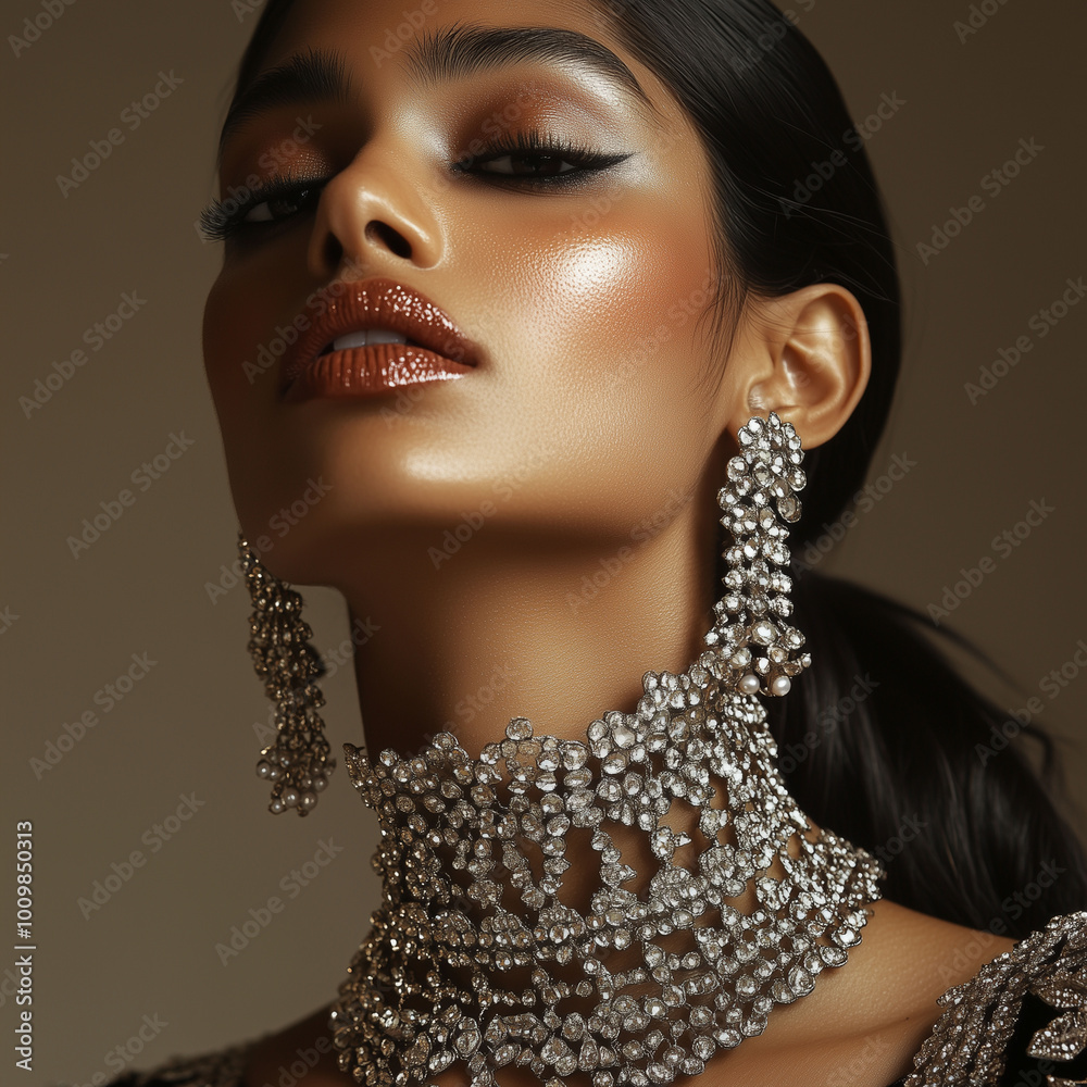 Stunning Indian model posing with her neck covered in shimmering crisscross chains, blending traditional and contemporary jewelry designs
