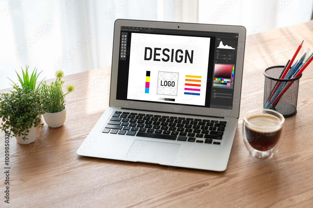 Graphic designer software for modern design of web page and commercial ads showing on the computer screen