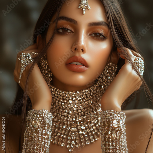 Stunning Indian model posing with her neck covered in shimmering crisscross chains, blending traditional and contemporary jewelry designs