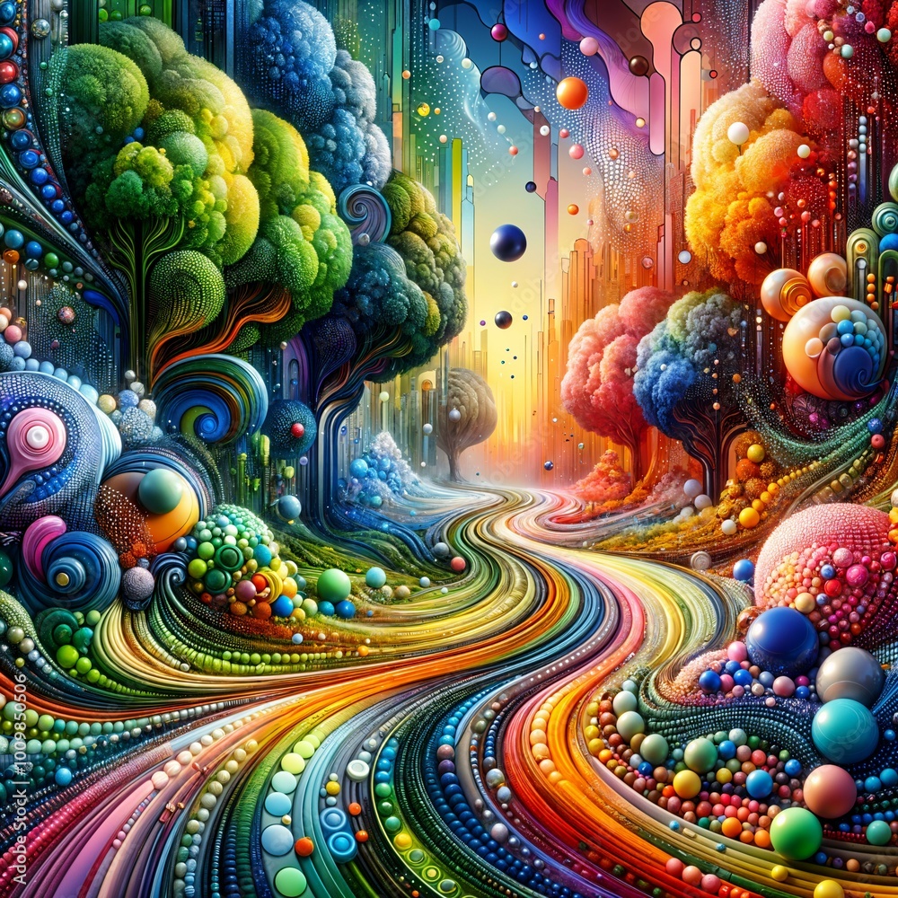 A trip through the forest, as vibrant swirling patterns create a fantastical landscape, filled with colorful trees and a path, leading into a sunset, enhancing the dreamlike atmosphere. (Gen, A.I.) A trip through the forest, as vibrant swirling patterns create a fantastical landscape, filled with colorful trees and a path, leading into a sunset, enhancing the dreamlike atmosphere. (Gen, A.I.)
