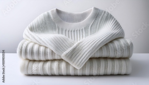 Elegant and warm knitted sweater folded neatly on a clean white background for a cozy fashion display. Generative AI