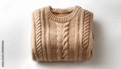 A neatly folded warm knitted sweater in a soft beige color on a clean white background. Generative AI