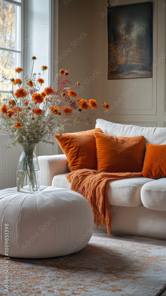 Naklejka premium Cozy living room with orange throw pillows and a bouquet of flowers.