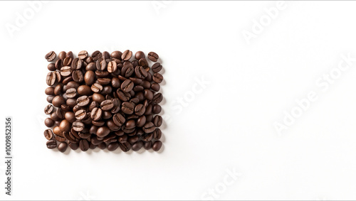 Pile of Roasted Coffee Beans Arranged in a Square Shape Isolated on a White Background for Marketing with Empty Space for Text