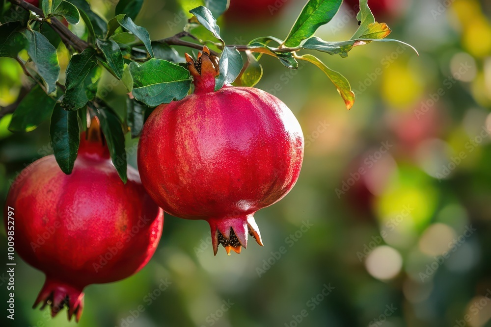 Close-up of ripe pomegranates hanging from a branch, showcasing their vibrant red color. Close-up of ripe pomegranates hanging from a branch, showcasing their vibrant red color.