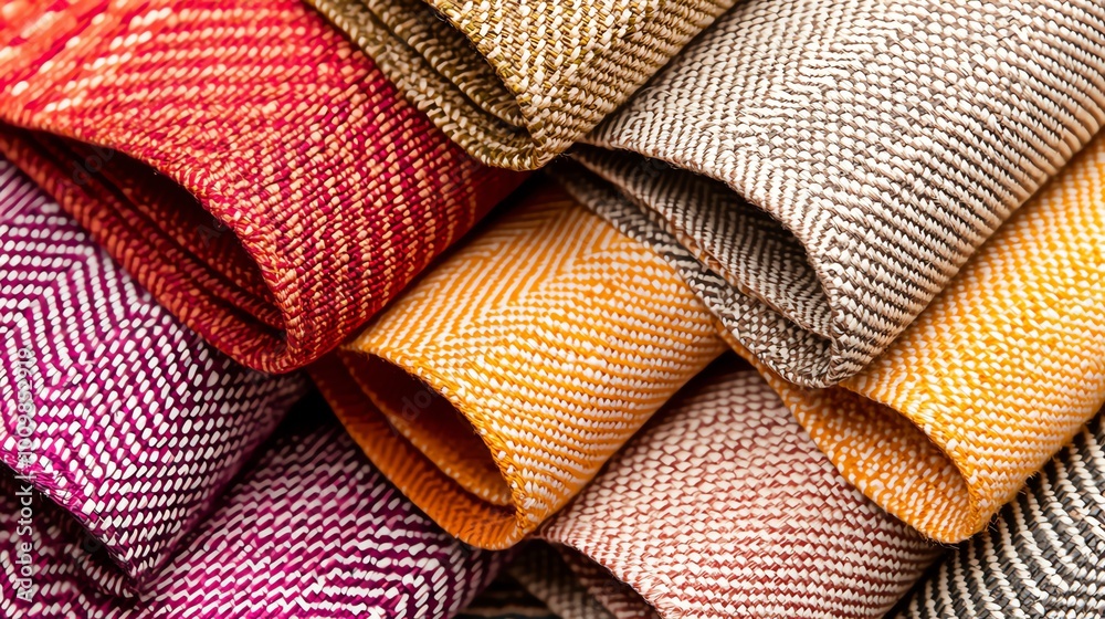 Vibrant collection of fabric swatches in various colors and textures, arranged in a stacked, overlapping pattern. Fabric pattern design.