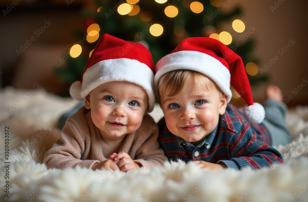 Close-up portrait of cute children wearing a red festive Santa hat lying in a cozy environment on Christmas Eve. New Year holidays concept. Close-up portrait of cute children wearing a red festive Santa hat lying in a cozy environment on Christmas Eve. New Year holidays concept.