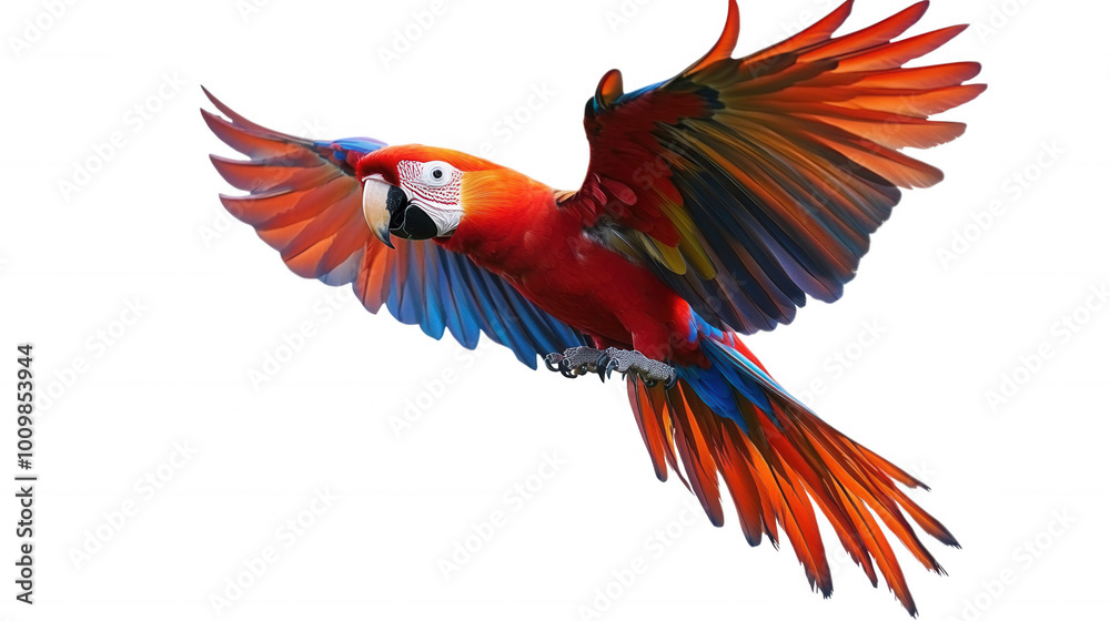 Fototapeta premium Vibrant Scarlet Macaw in Flight isolated on Transparent Background PNG