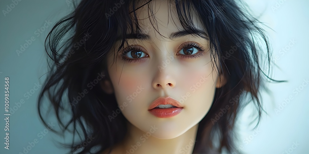 Fototapeta premium A young woman with dark hair and warm brown eyes stares intently at the camera. She has soft, rosy cheeks and a light, natural makeup look.